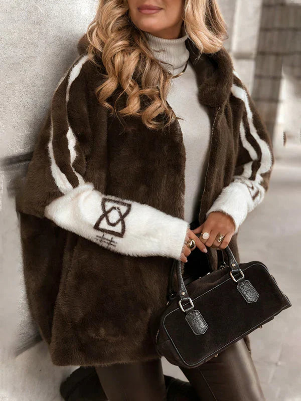Women Plush Hooded Vertical Stripe Printed Casual Coat