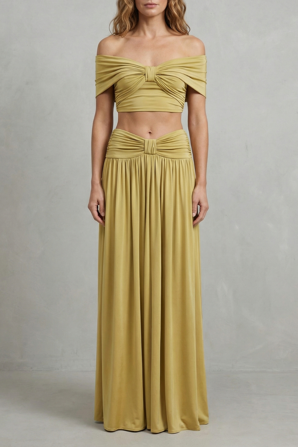 Ramona – Golden glow – Women’s Off-Shoulder Ruched Skirt Set