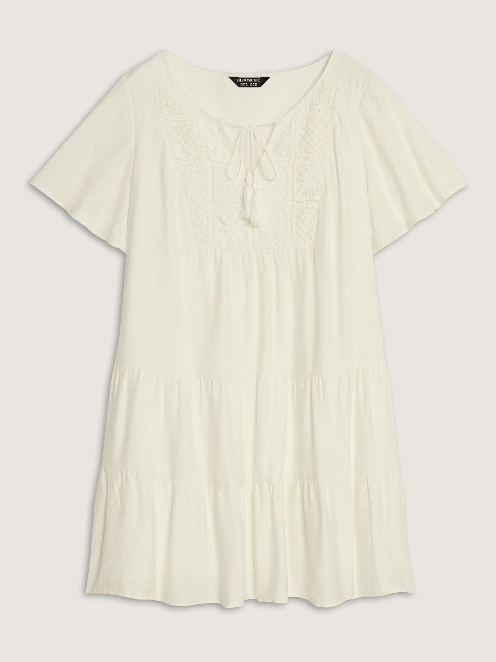 Lace Drawstring Neckline Tiered Mini Dress
