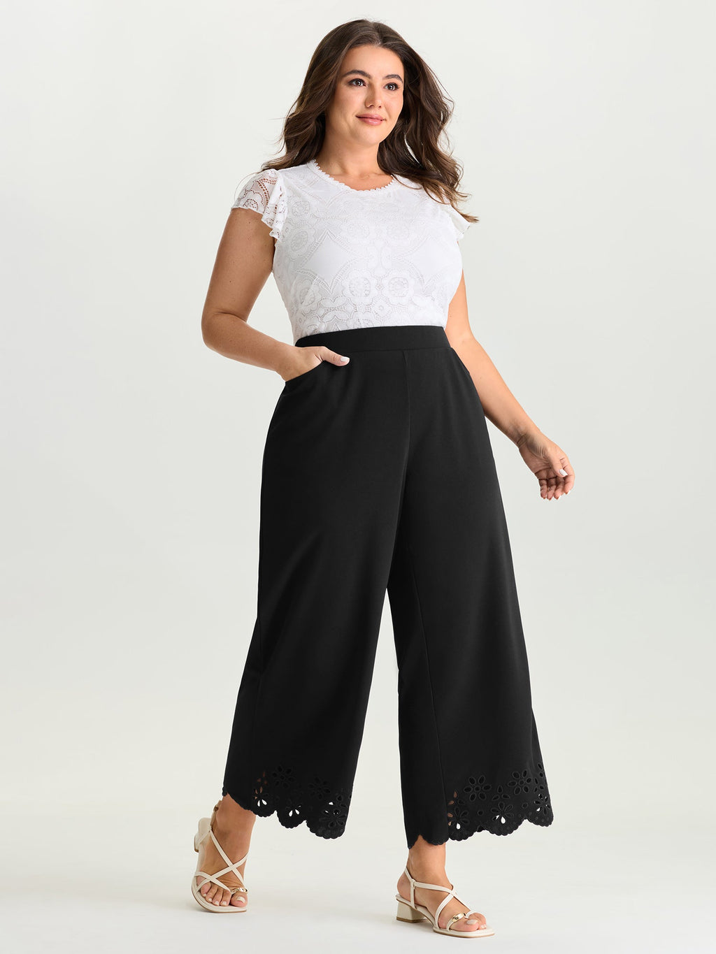 Cut-Out Embroidered Hem Plain Pants