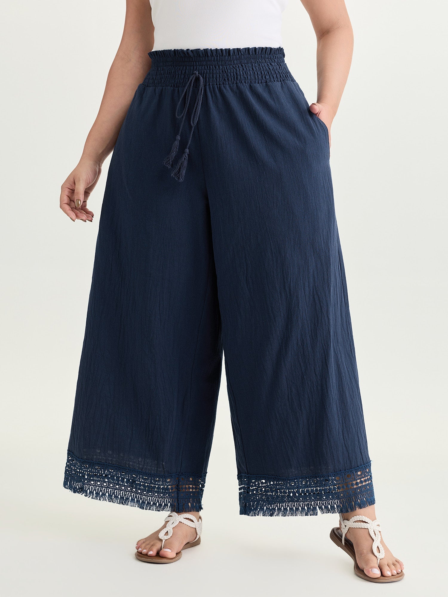 Cotton Wide Shirred Waistband Lace Hem Pants