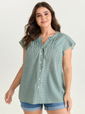 Cotton Check Print Ruffled Sleeve Blouse