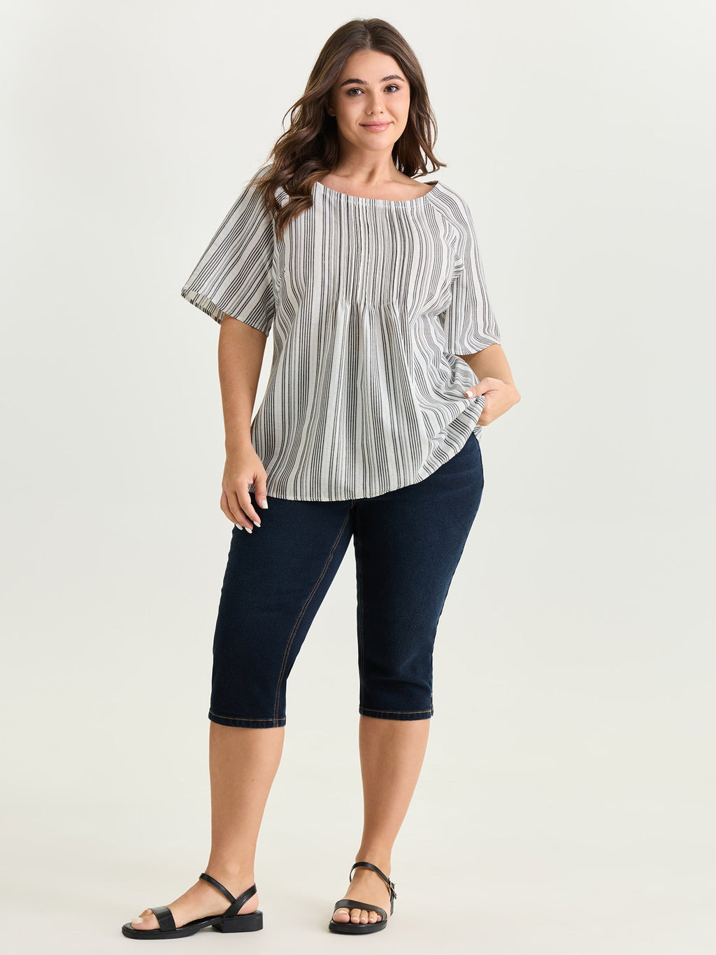 Cotton Striped Print Textured Flared Sleeve Blouse