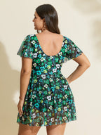 Floral Mesh Tie Front Swim Dress