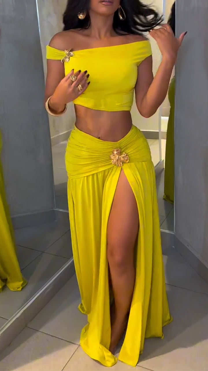 Women One-length Top + Spliced Slit Skirt Casual Vacation Travel Style Suit