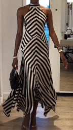 Women Halter Neck Stripes Irregular Casual Dress