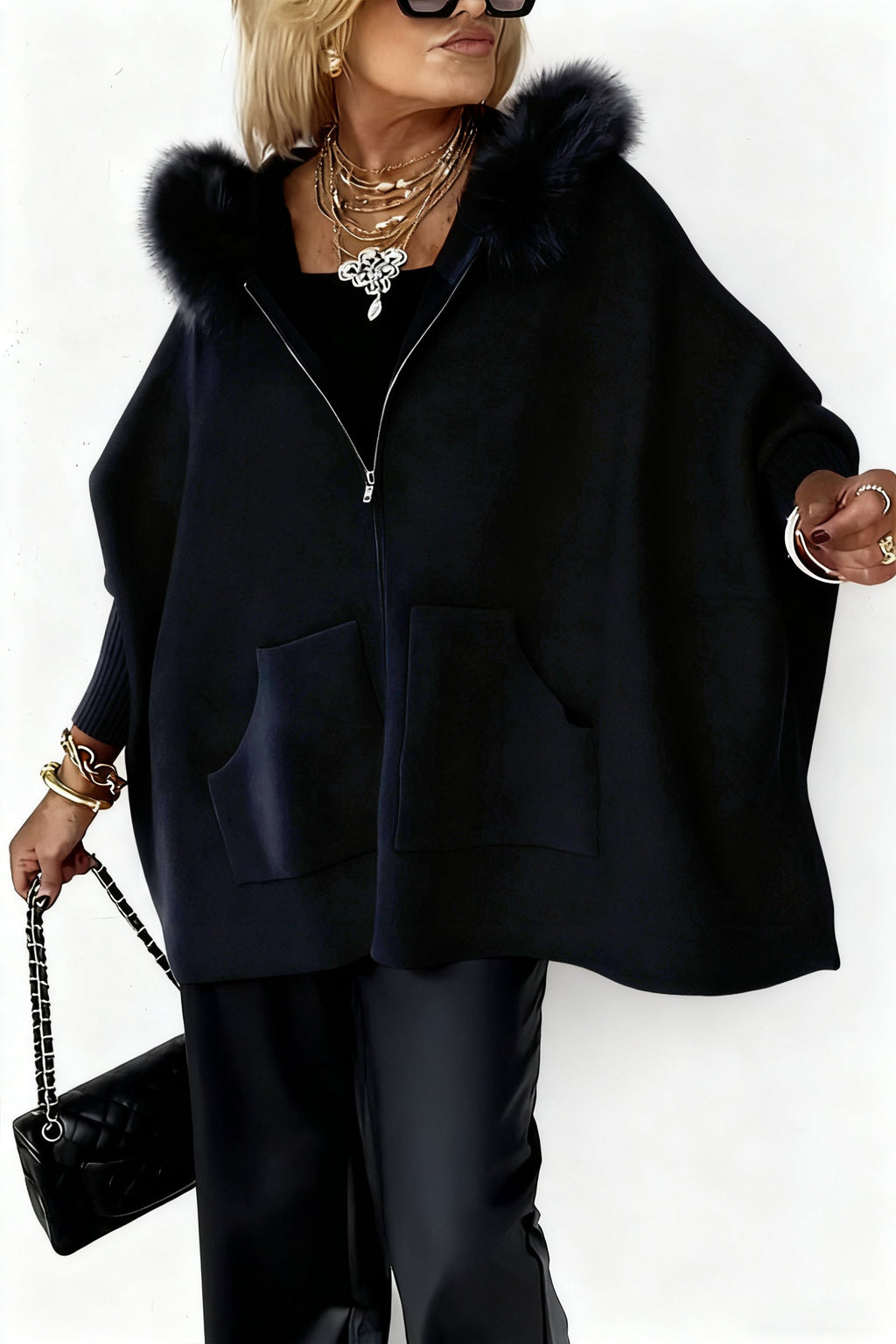 Women Fur Collar Solid Color Casual Jacket