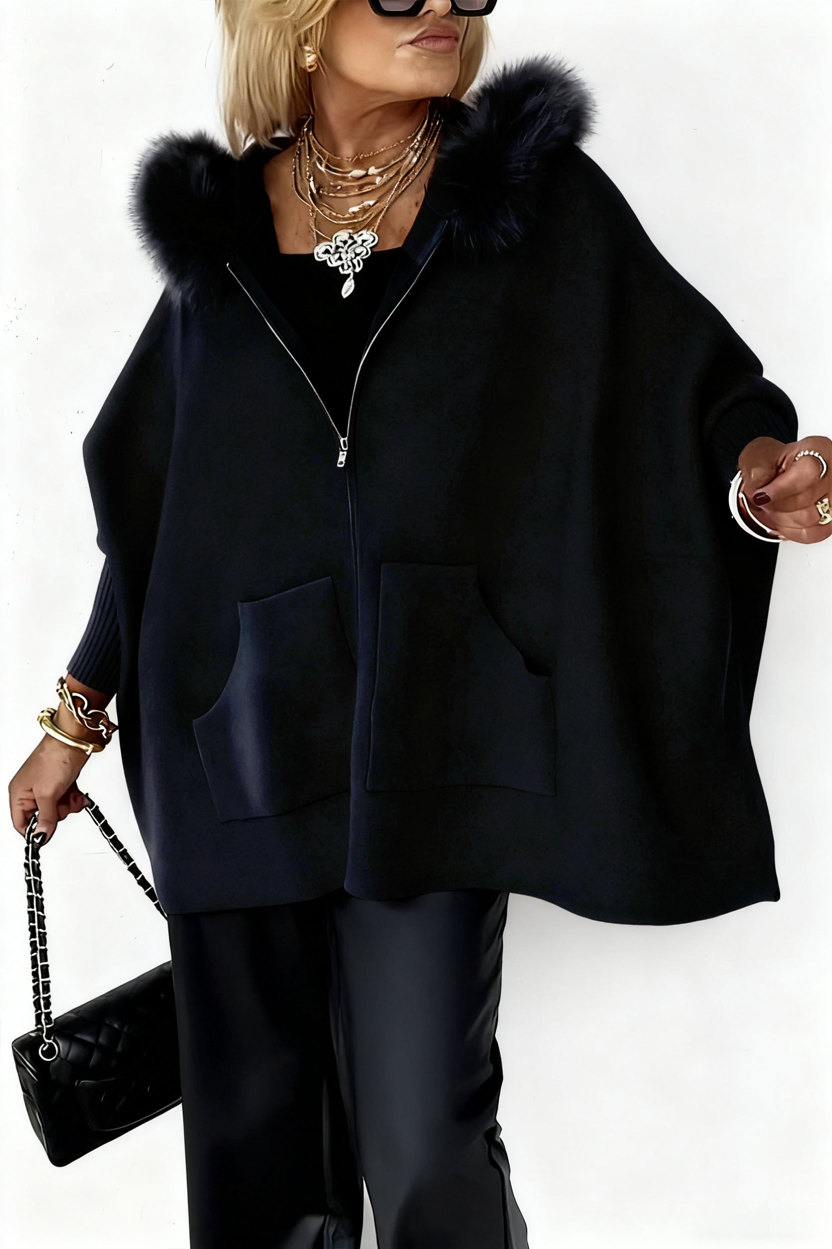 Women Fur Collar Solid Color Casual Jacket