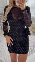 Women Round Neck Plaid Hot Pressed Diamond Sexy Temperament Dress