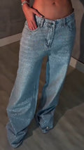 Women Rhinestone Washed Casual Jeans