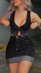 Womens Hot Rhinestone Sexy Casual Denim Suit