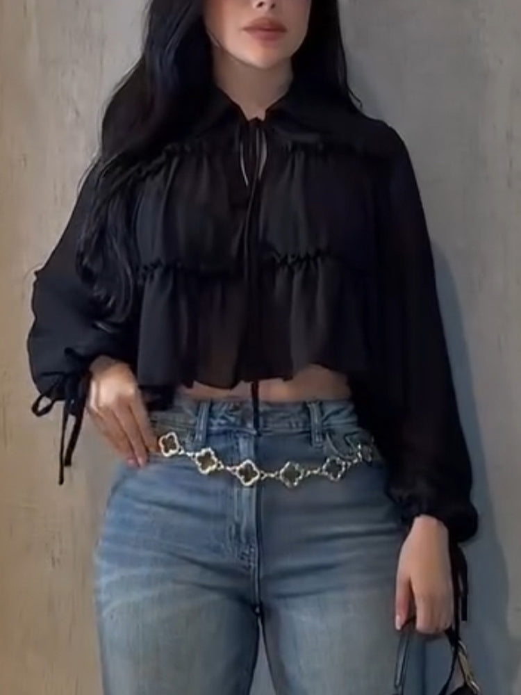 Womens Collar Patchwork Casual Top