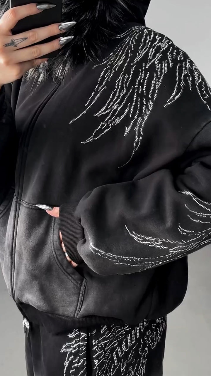 Women Hooded Hot Stamping Rhinestone Jacket+ Pants Casual Set