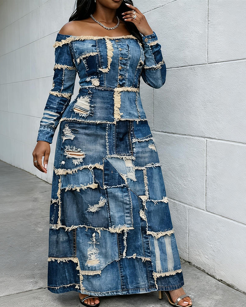 Patch Off-shoulder Long Sleeves Casual Dress