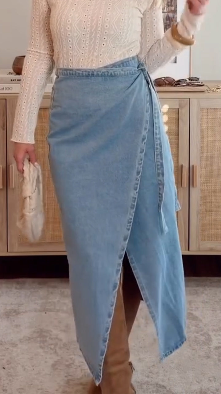 Women Round Neck Top+ Slit Denim Half Skirt Elegant Casual Set