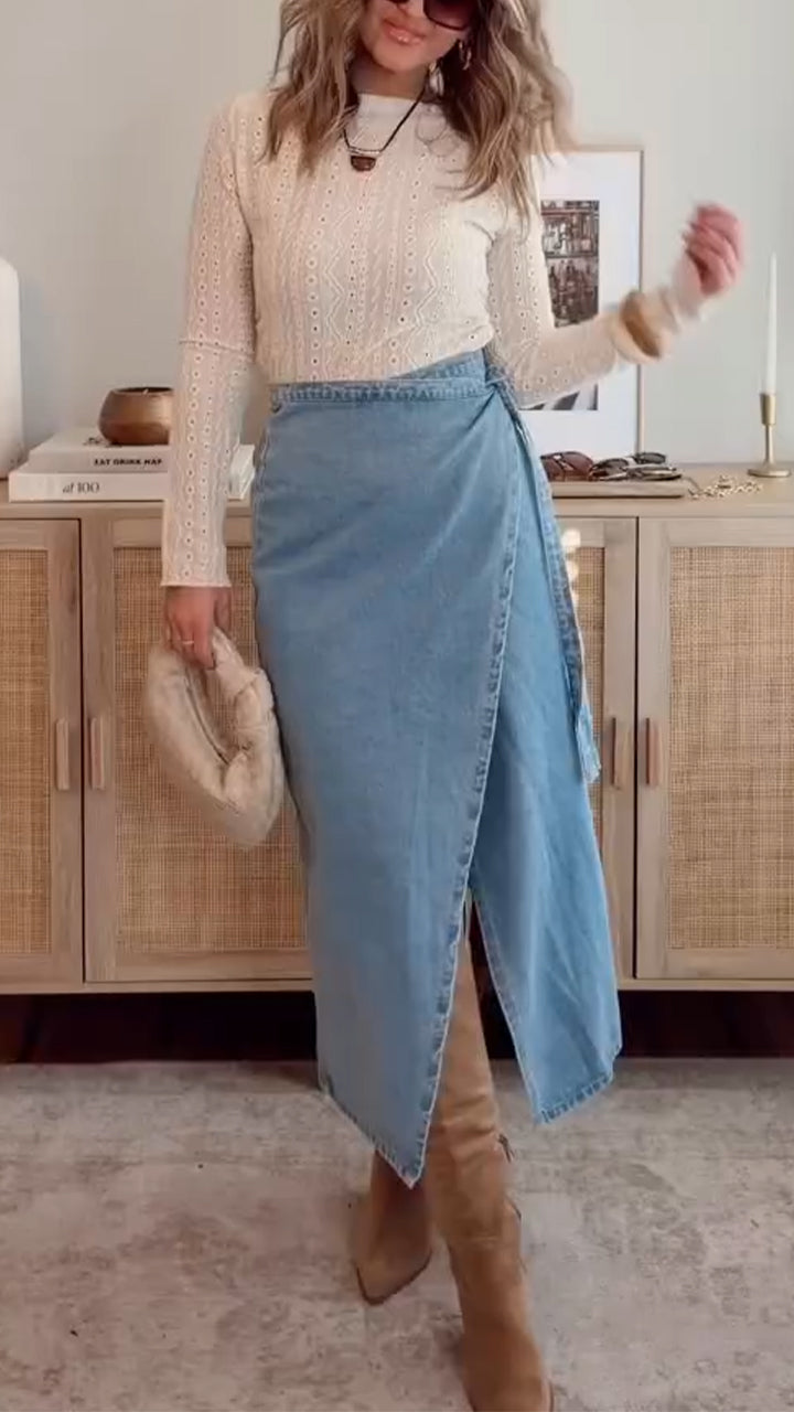 Women Round Neck Top+ Slit Denim Half Skirt Elegant Casual Set