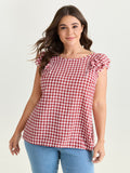 Gingham Print Layered Flutter Sleeve Blouse