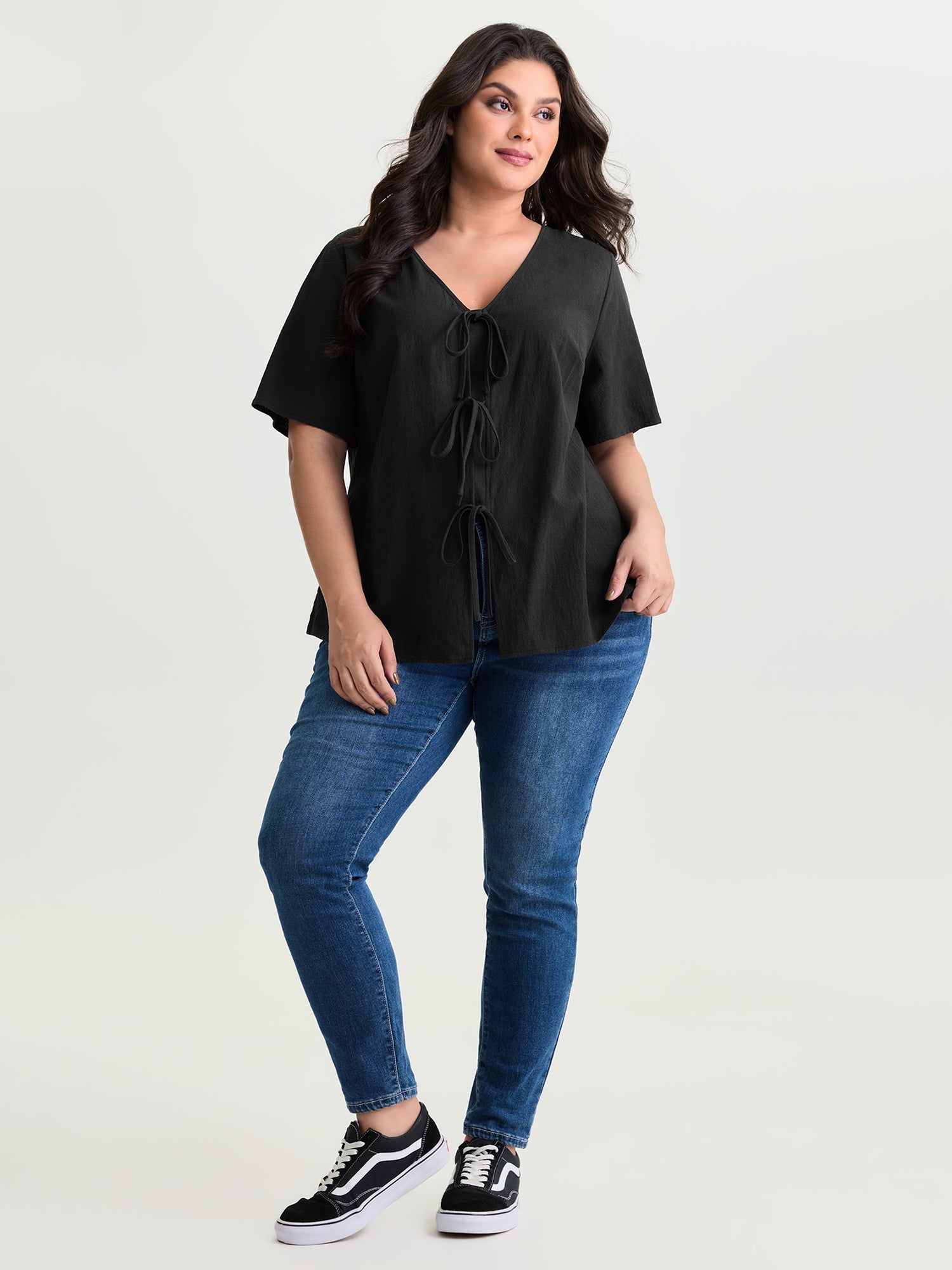 Cotton Triple Bow-Tie Front Plain Shirt