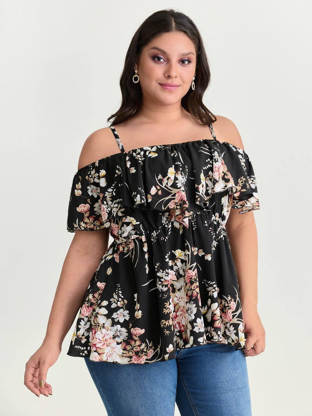 Large Floral Print Cold-Shoulder Blouse