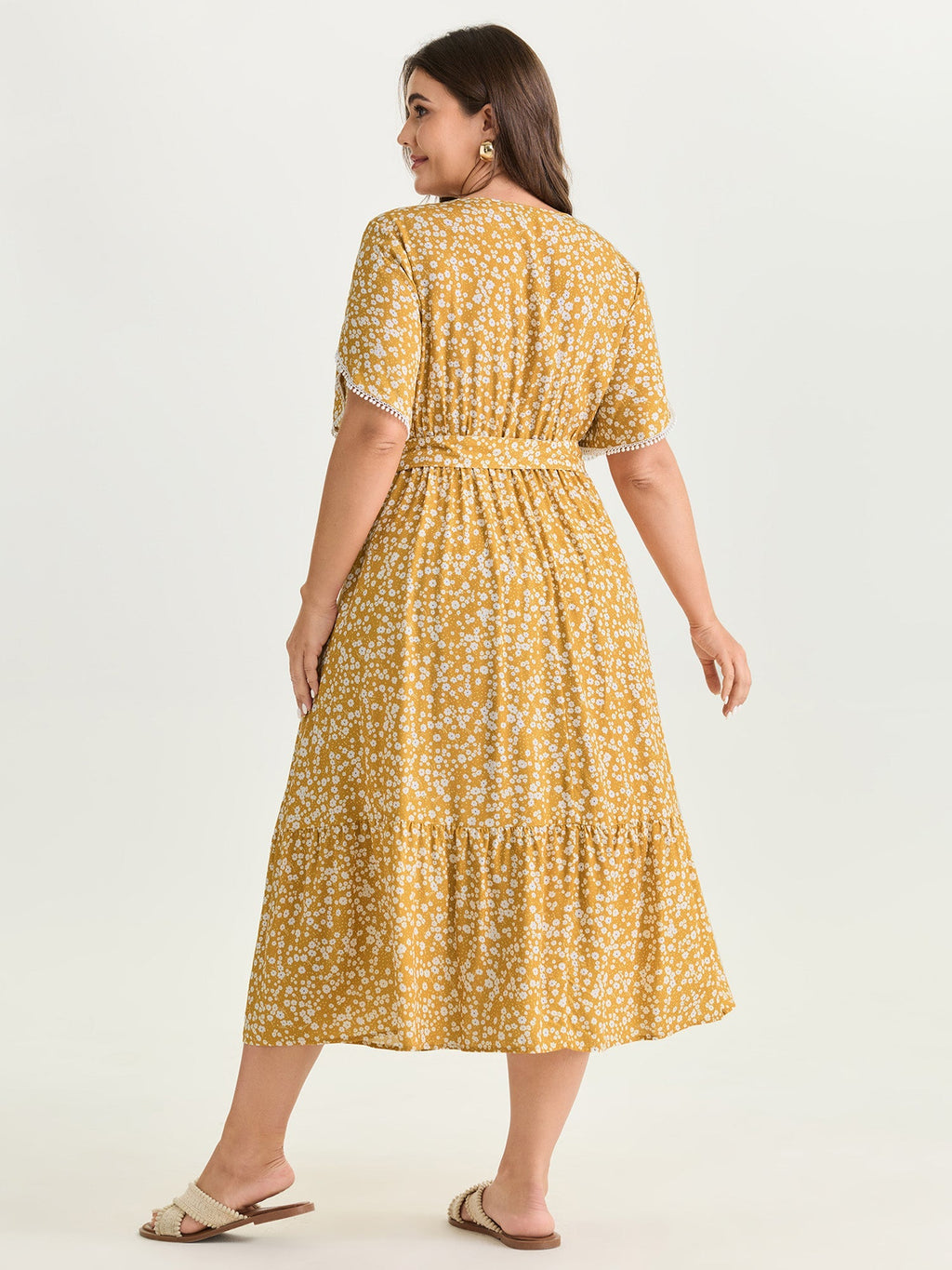 Floral Print V-Neck Petal Sleeve Midi Dress