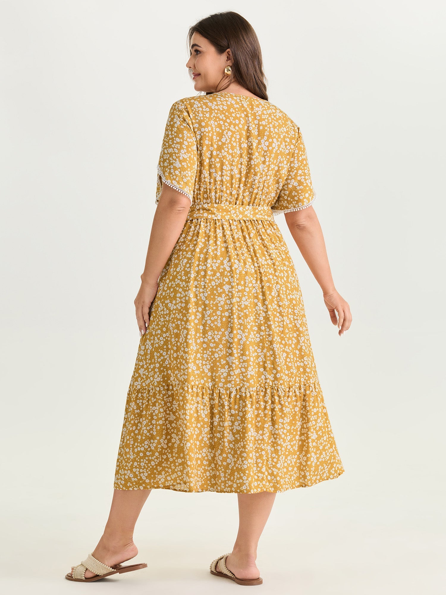 Floral Print V-Neck Petal Sleeve Midi Dress