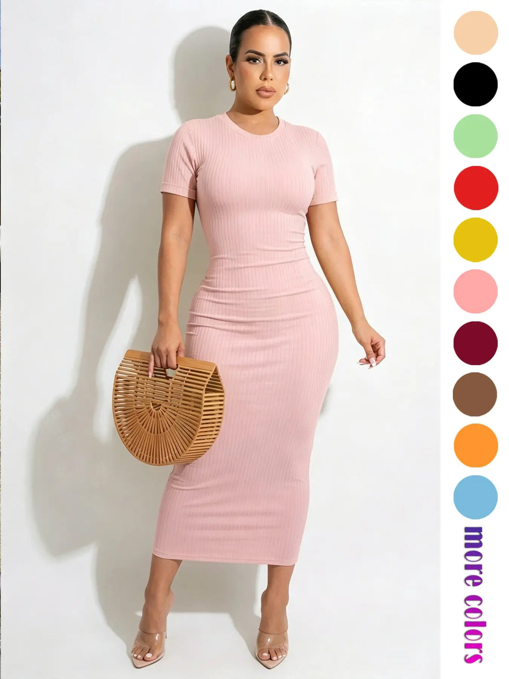 Threaded Elastic Solid Color Bodycon Dress, Breathable Elastic Party Outing Travel Pocket Long Dress, Summer Dress, Everyday Casual Wear, Womenswear
