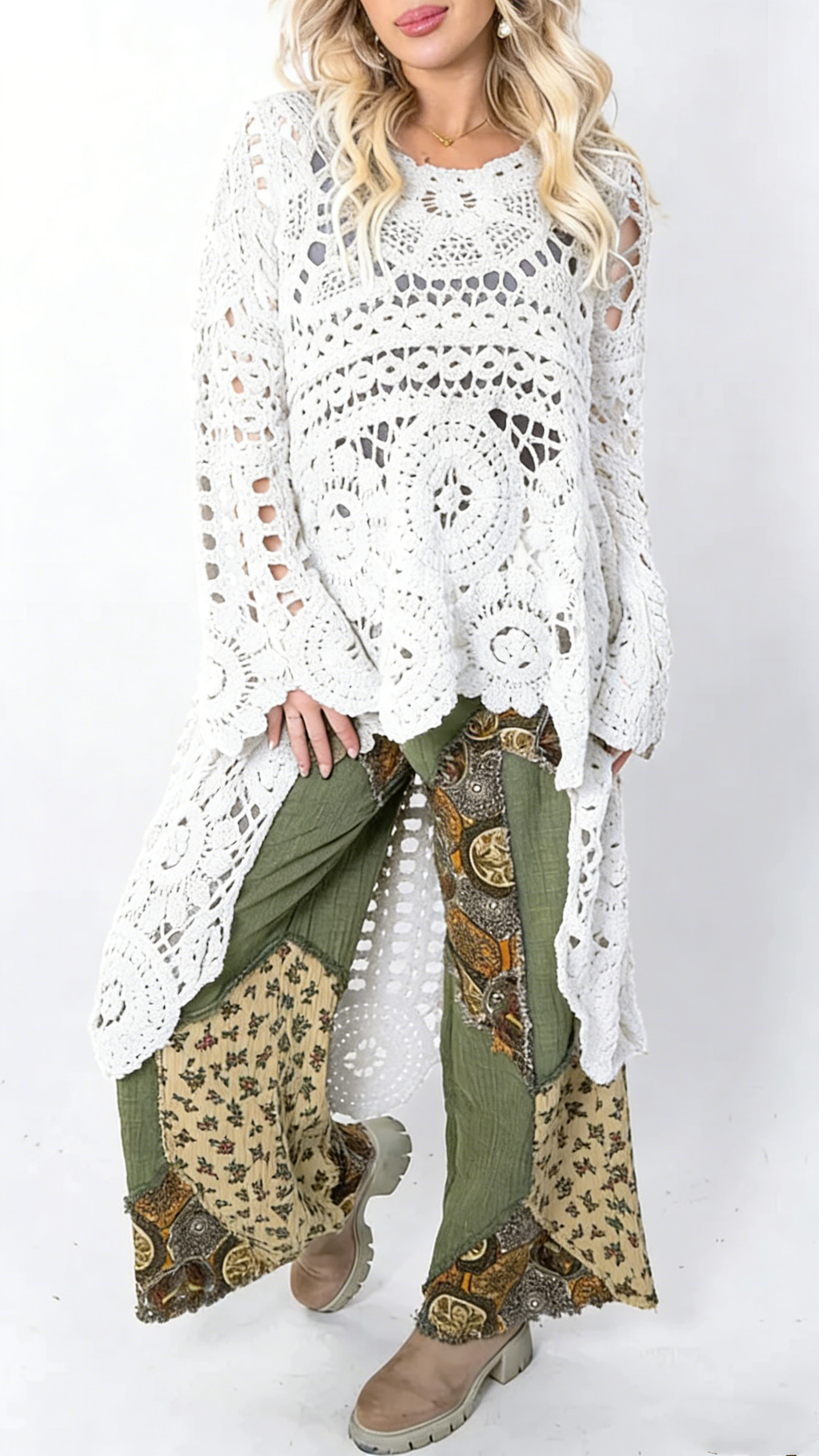 Women Round Neck Printed Hollow Out Casual Long Top