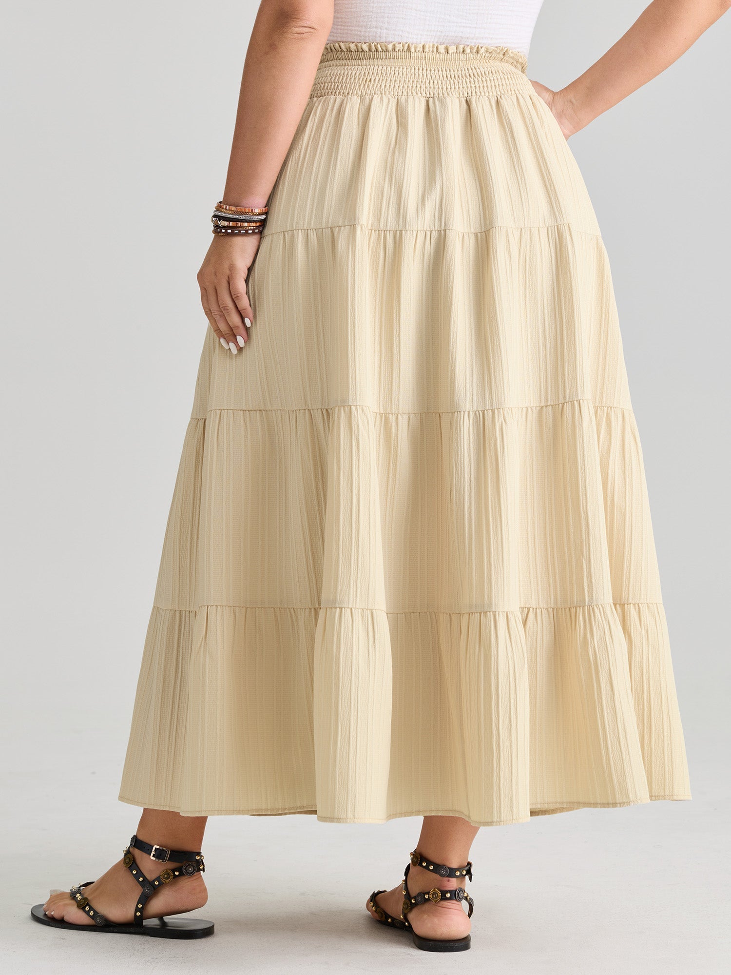 Shirred Wide Waistband Tiered Maxi Skirt