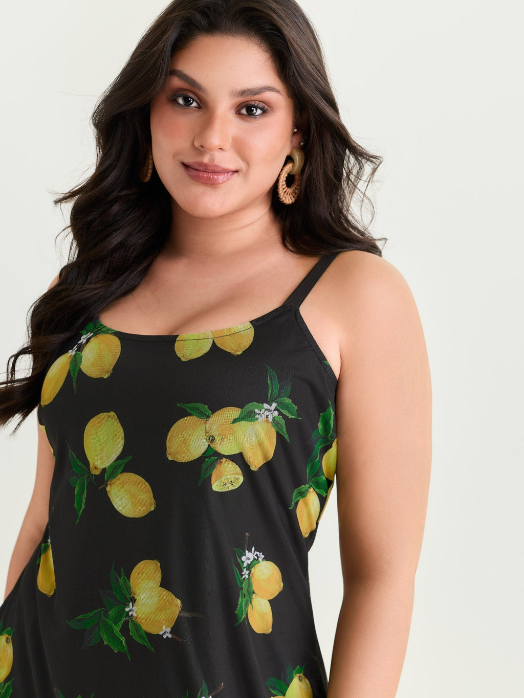 Lemon Print Stretchy Mesh Knit Midi Dress