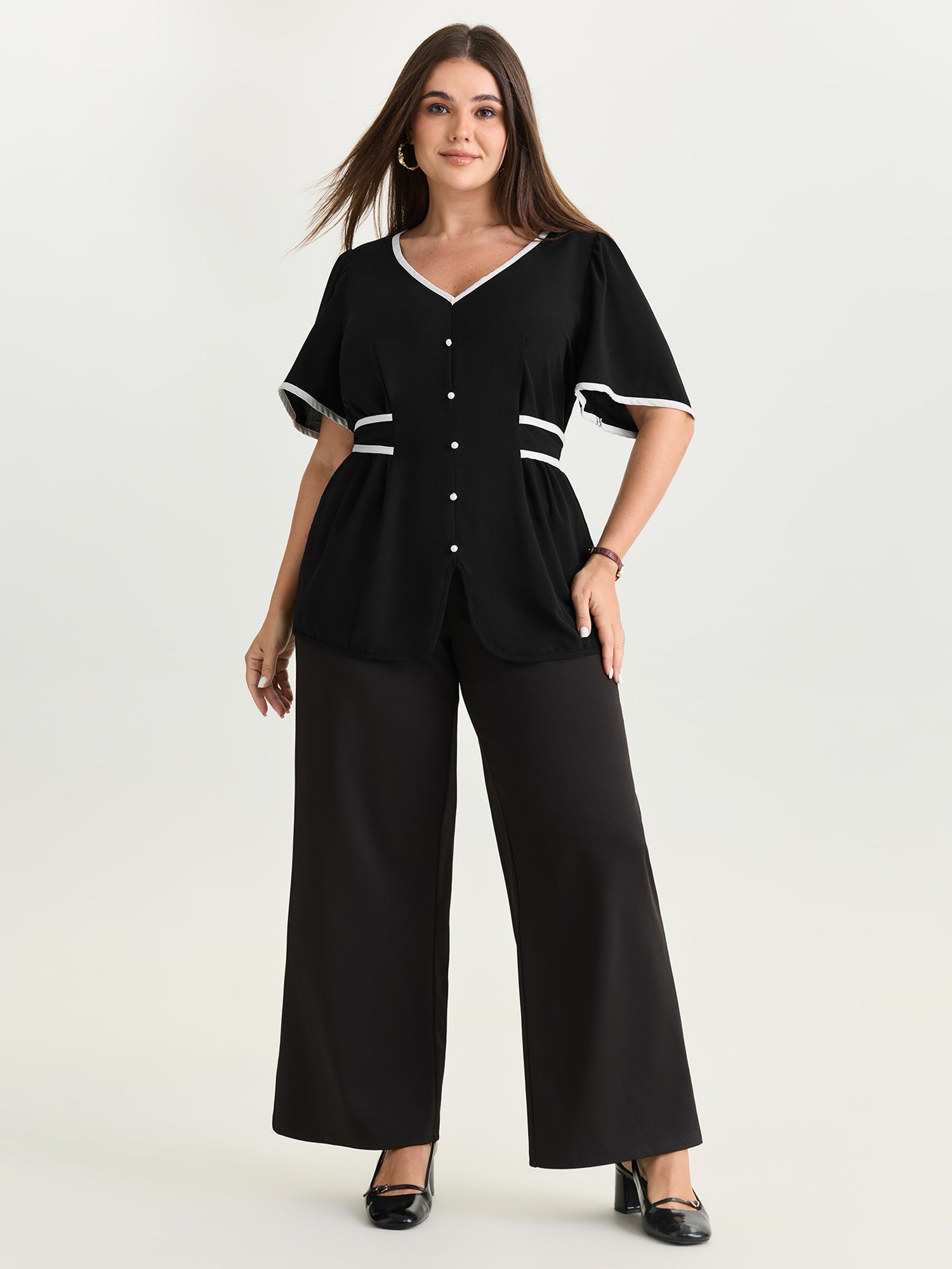 Color Contrast Edge Button Detail Blouse
