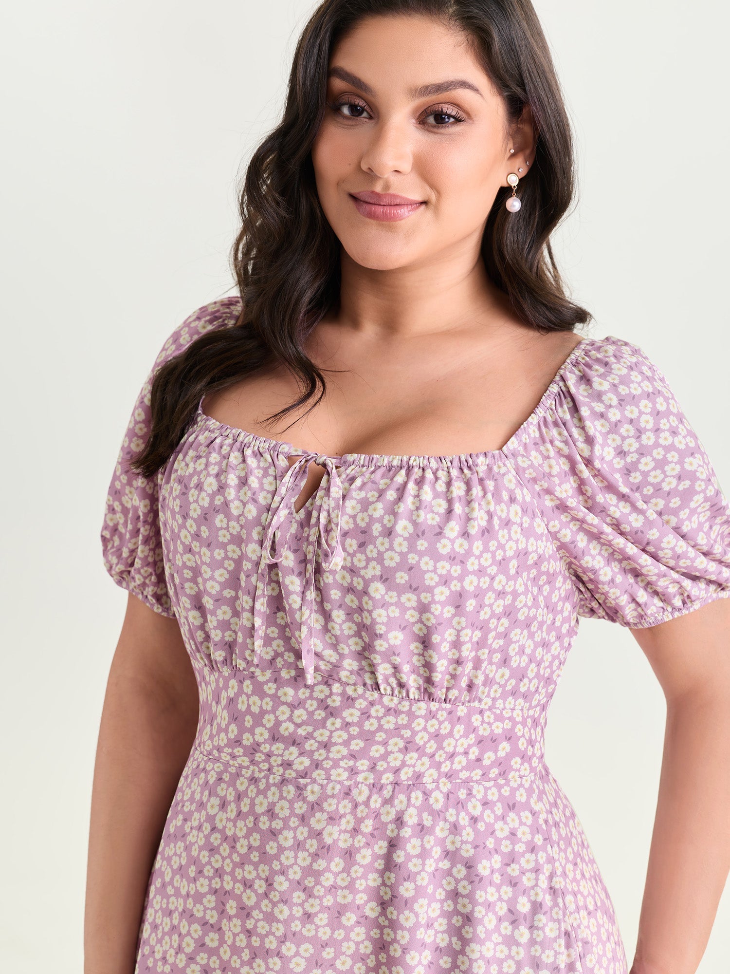 Ditsy Floral Print Cinched Waist Midi Dress