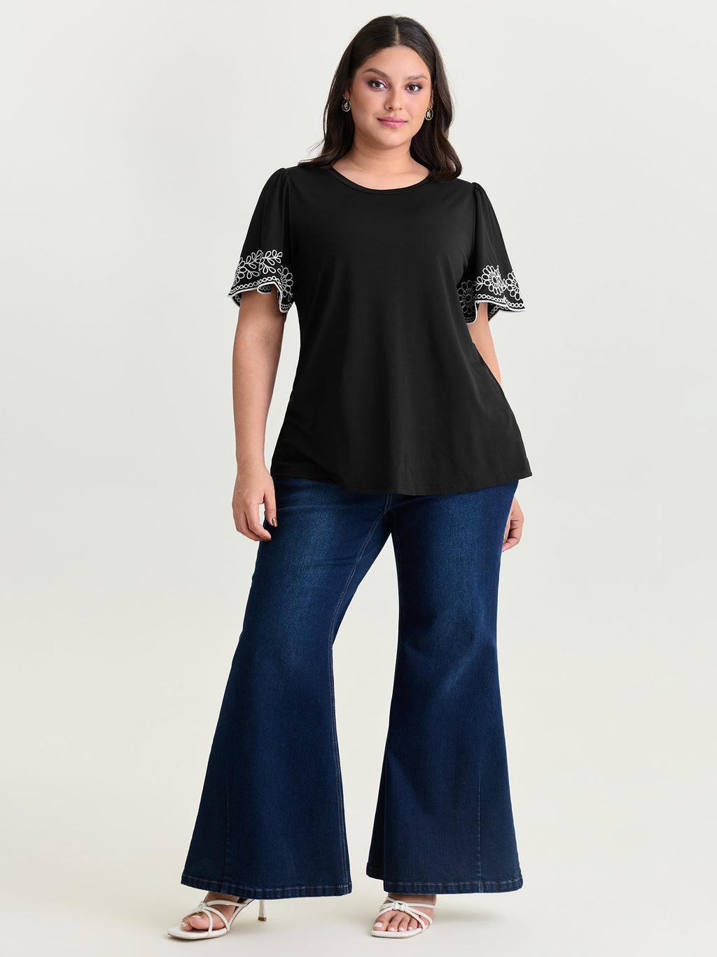 Stretchy Embroidered Sleeve Plain T-Shirt