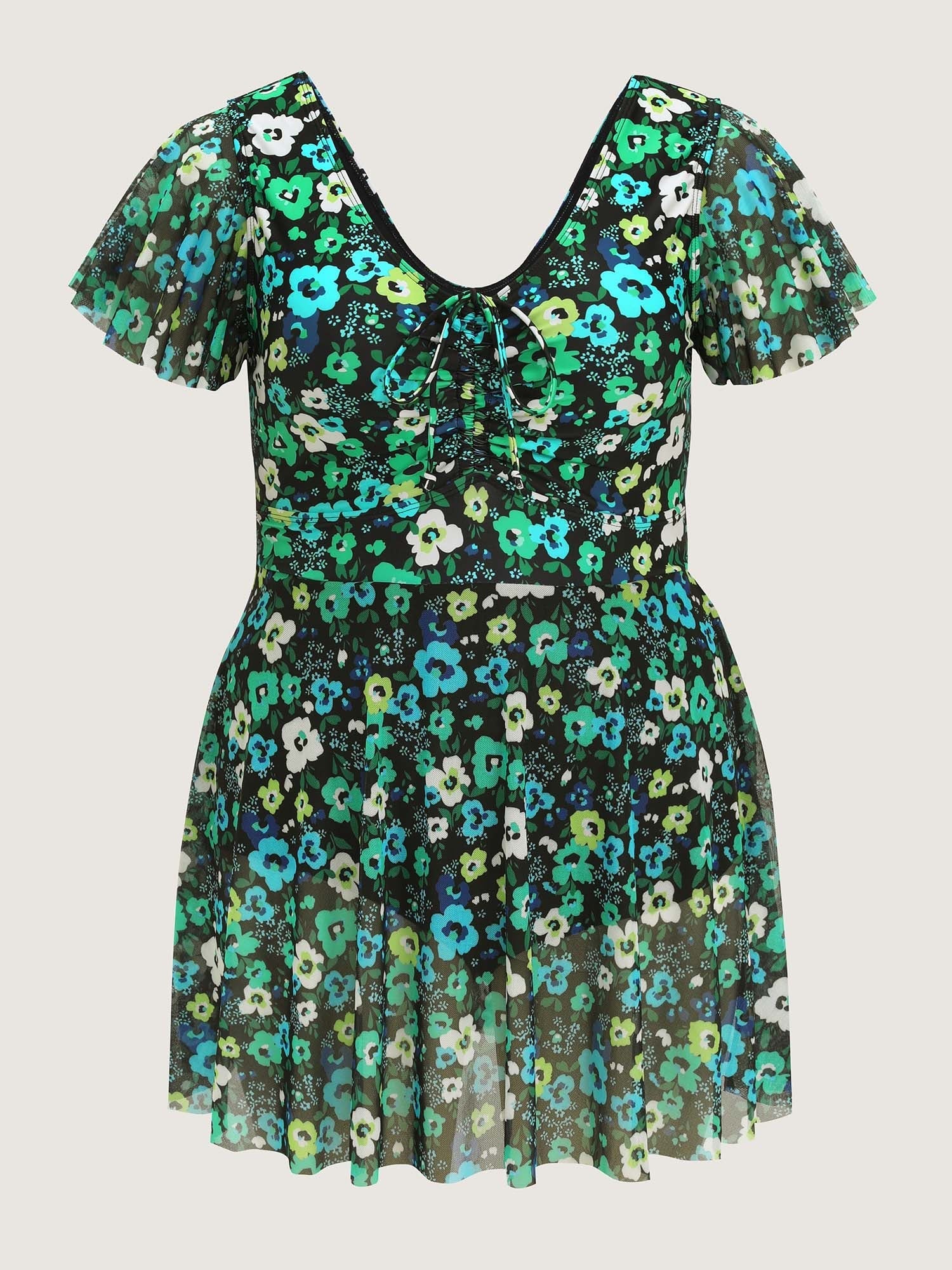 Floral Mesh Tie Front Swim Dress