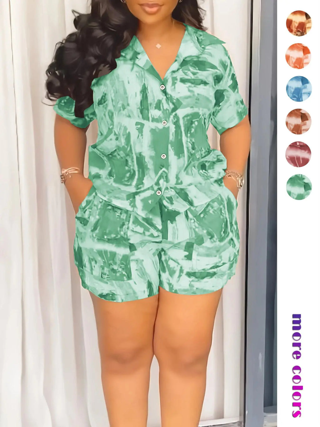 Two-piece Set Women's All Over Print Short Sleeve Shirt & Shorts
