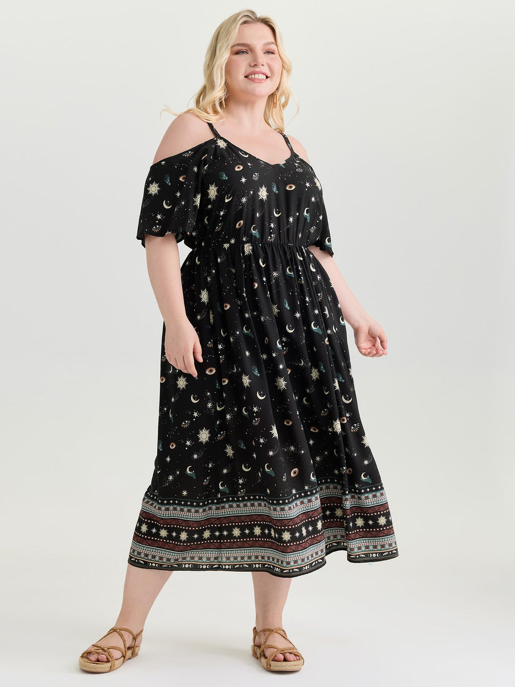 Starry Night Cold-Shoulder Flowy Midi Dress