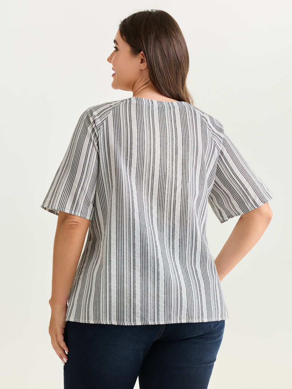 Cotton Striped Print Textured Flared Sleeve Blouse