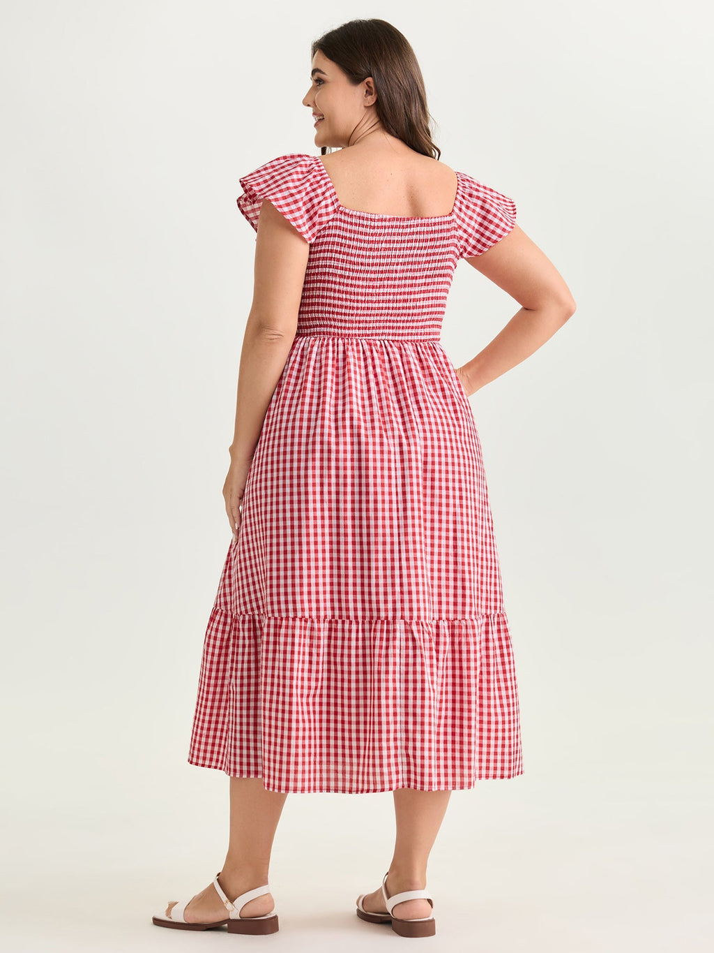 Cotton Gingham Print Shirred Bodice Midi Dress