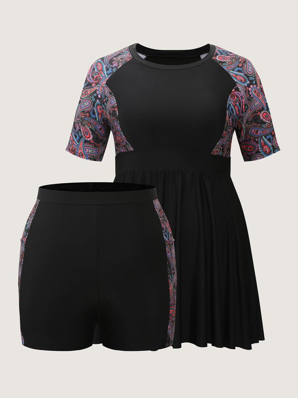 Floral Color Contrast Pockets Swim Dress