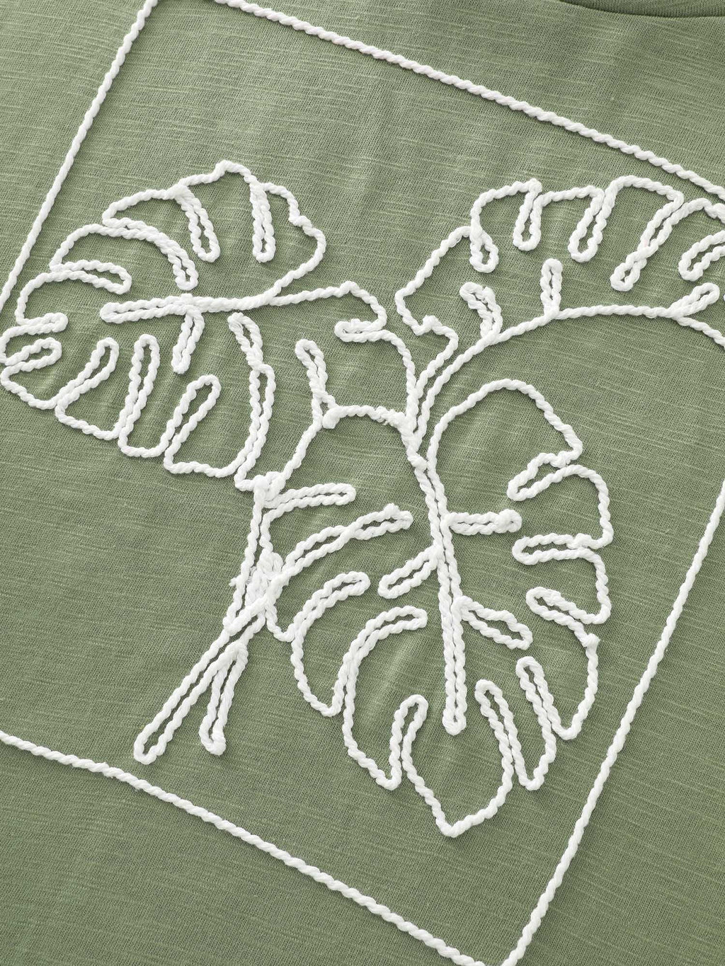 Embroidered Leaf Pattern Plain T-Shirt