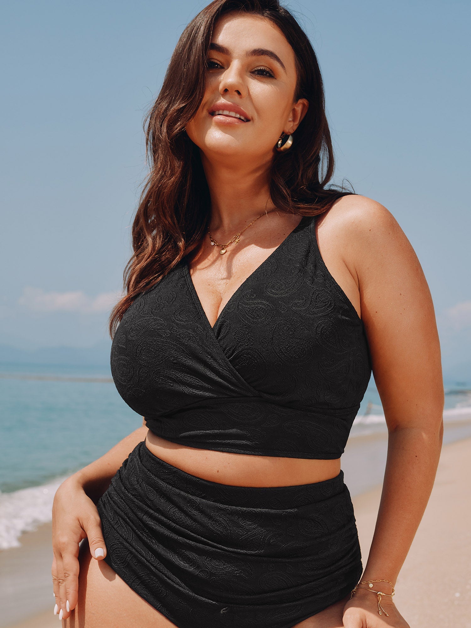 Paisley Textured Surplice Neckline Swim Top