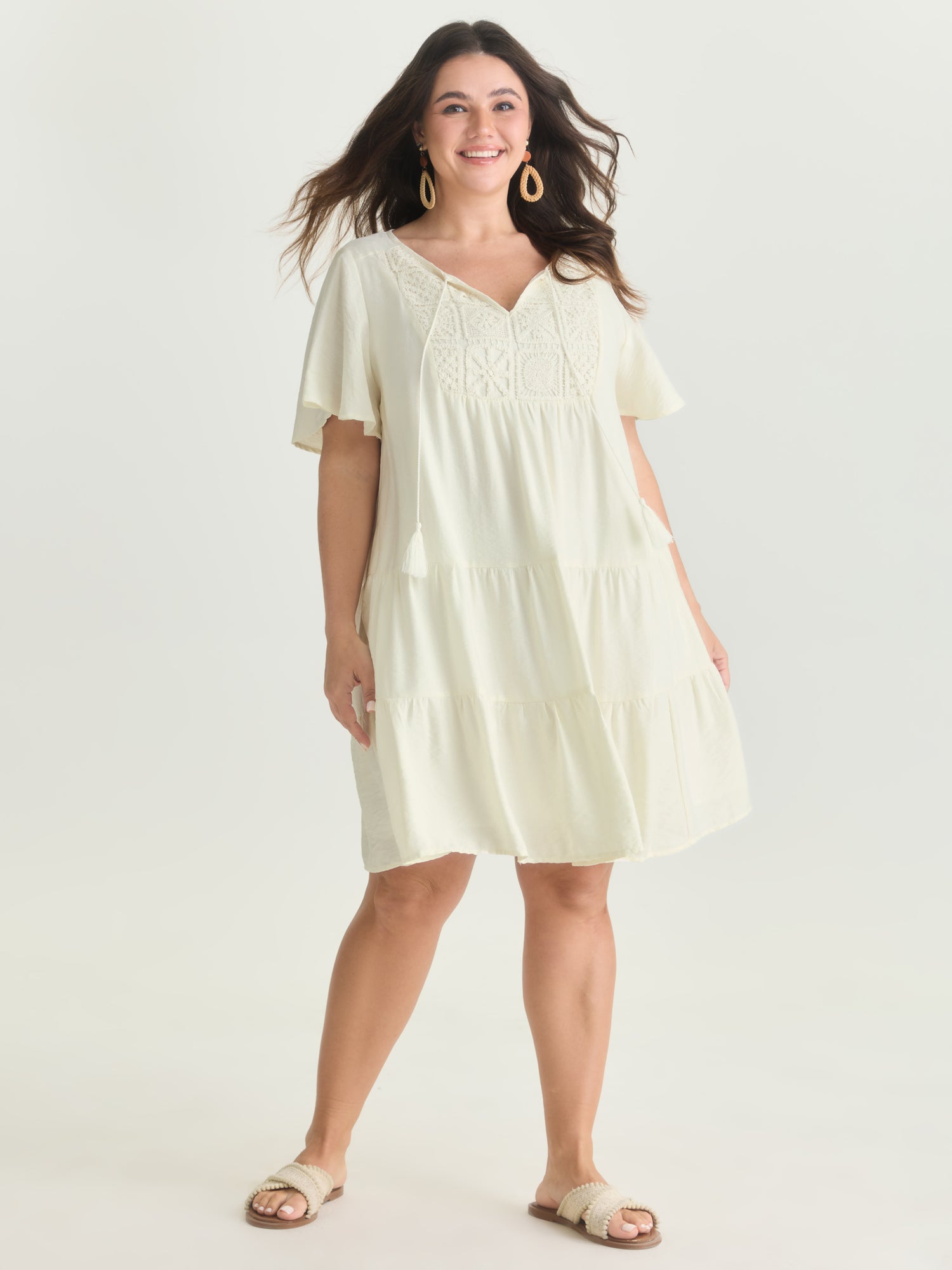 Lace Drawstring Neckline Tiered Mini Dress