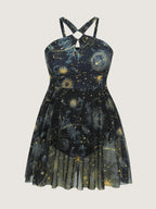 Galaxy Print Halter Neckline Swim Dress