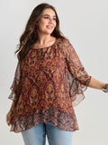 Boho Geometric Print Ruffled Sleeve Blouse