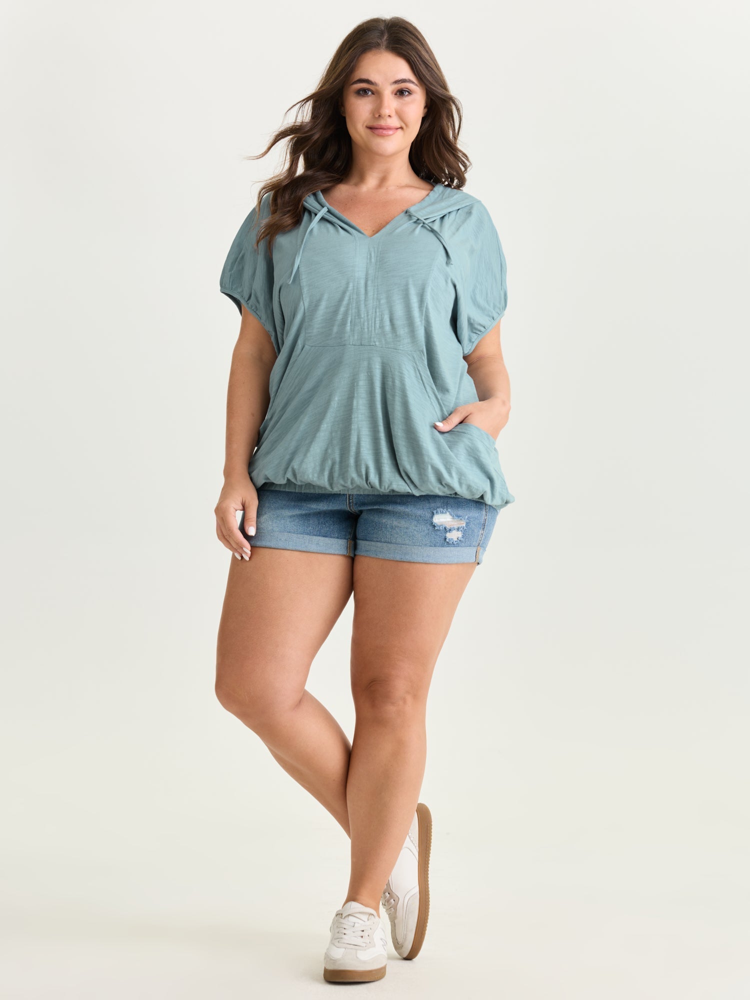 Pure Cotton Bubble Hem Hooded Knit Top