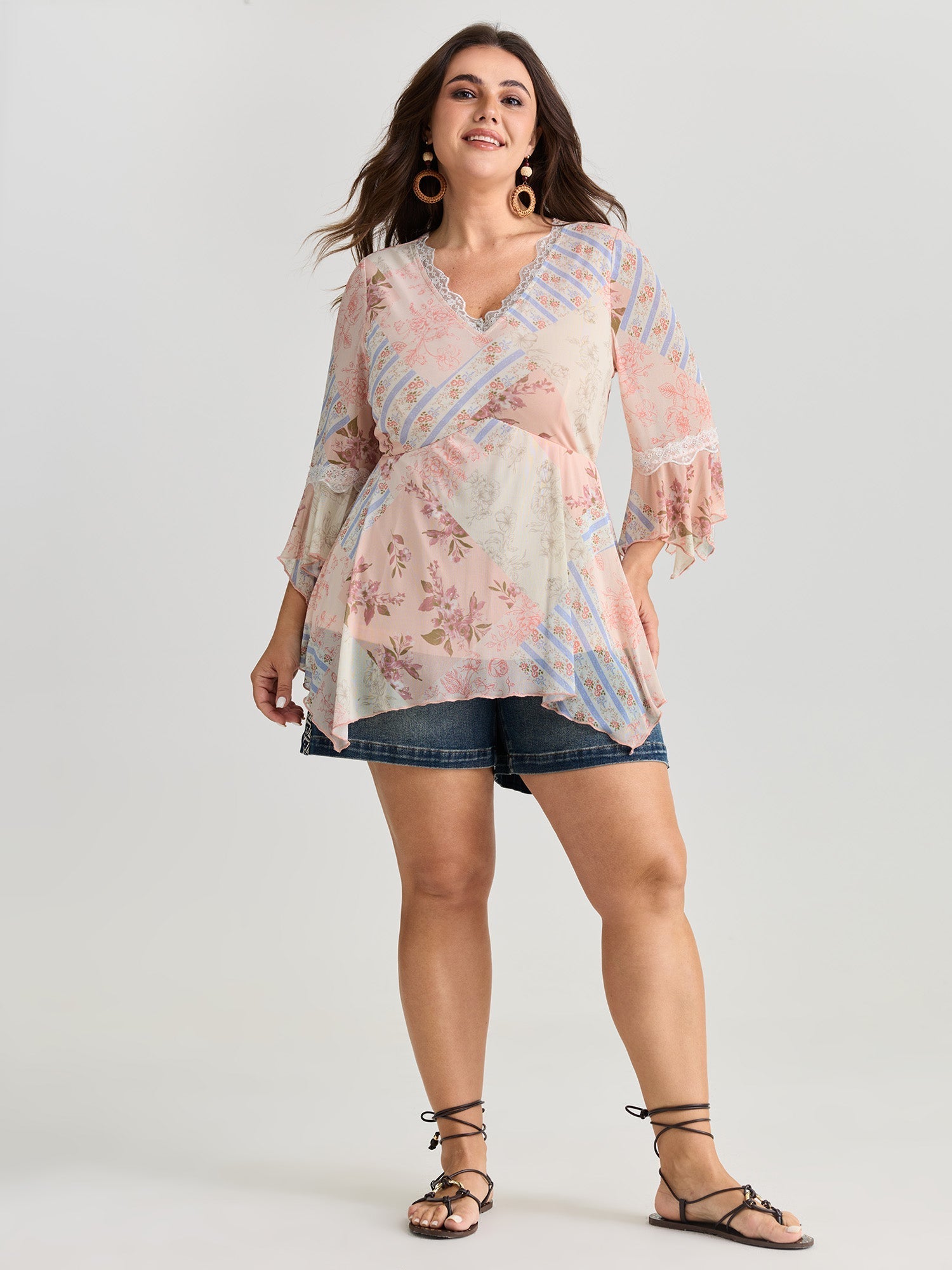 Floral Print Lace Asymmetrical Hem Blouse