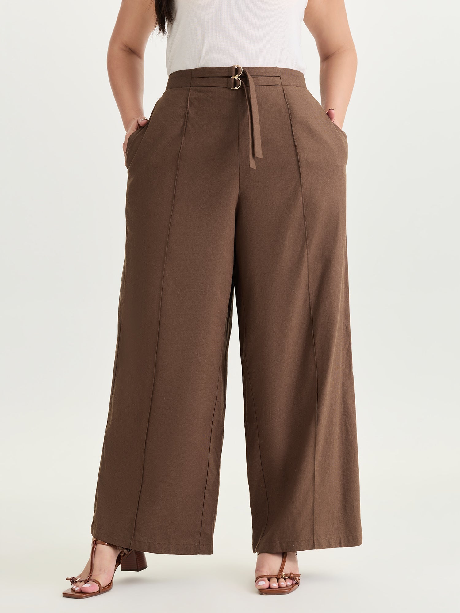 Double Buckle Waist Straight-Leg Pants