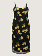 Lemon Print Stretchy Mesh Knit Midi Dress