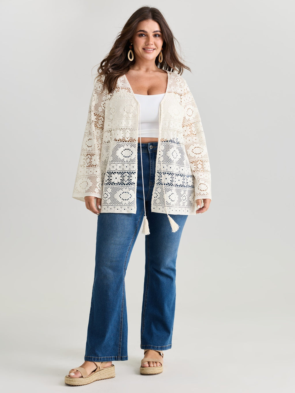 Lace Hollow Front-Tie Kimono