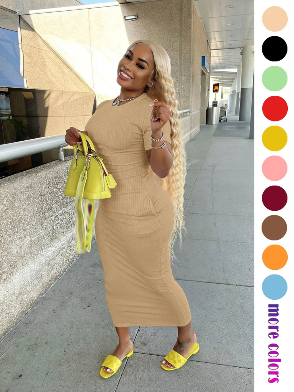 Threaded Elastic Solid Color Bodycon Dress, Breathable Elastic Party Outing Travel Pocket Long Dress, Summer Dress, Everyday Casual Wear, Womenswear
