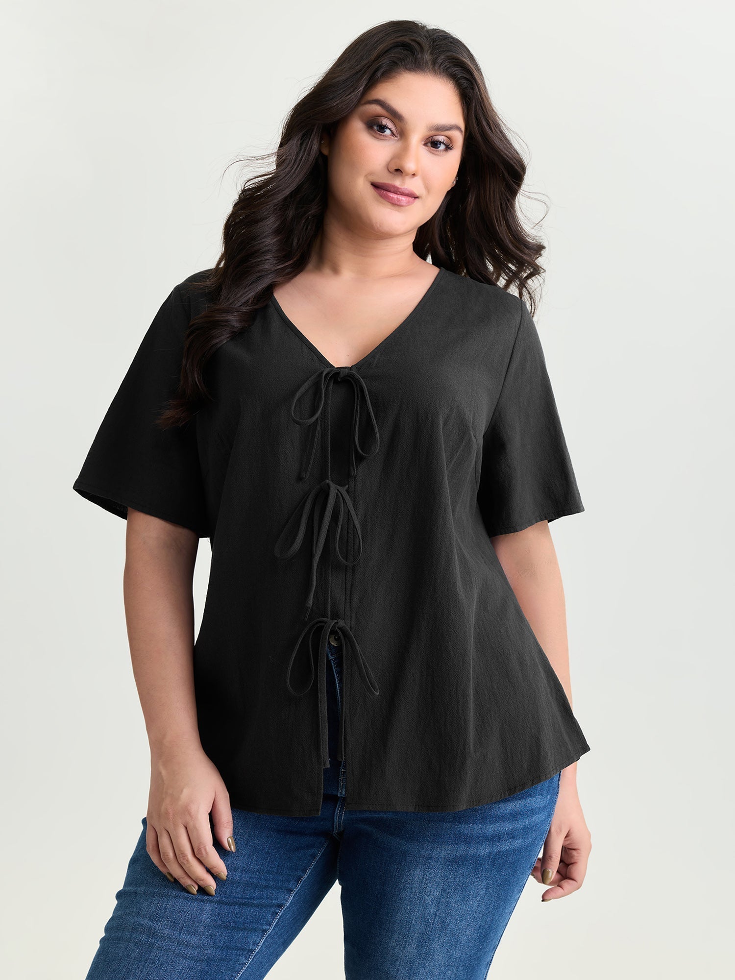 Cotton Triple Bow-Tie Front Plain Shirt
